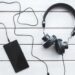 black headphones with mobile smartphone