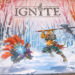 Picture of the front of an Ignite game box, the image on the box shows a cat warrior and kitsune charging to meet each other in battle.